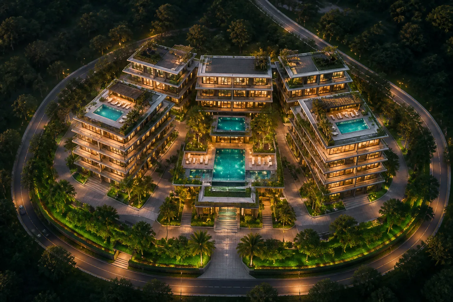 Modern luxury real estate development viewed from above at golden hour